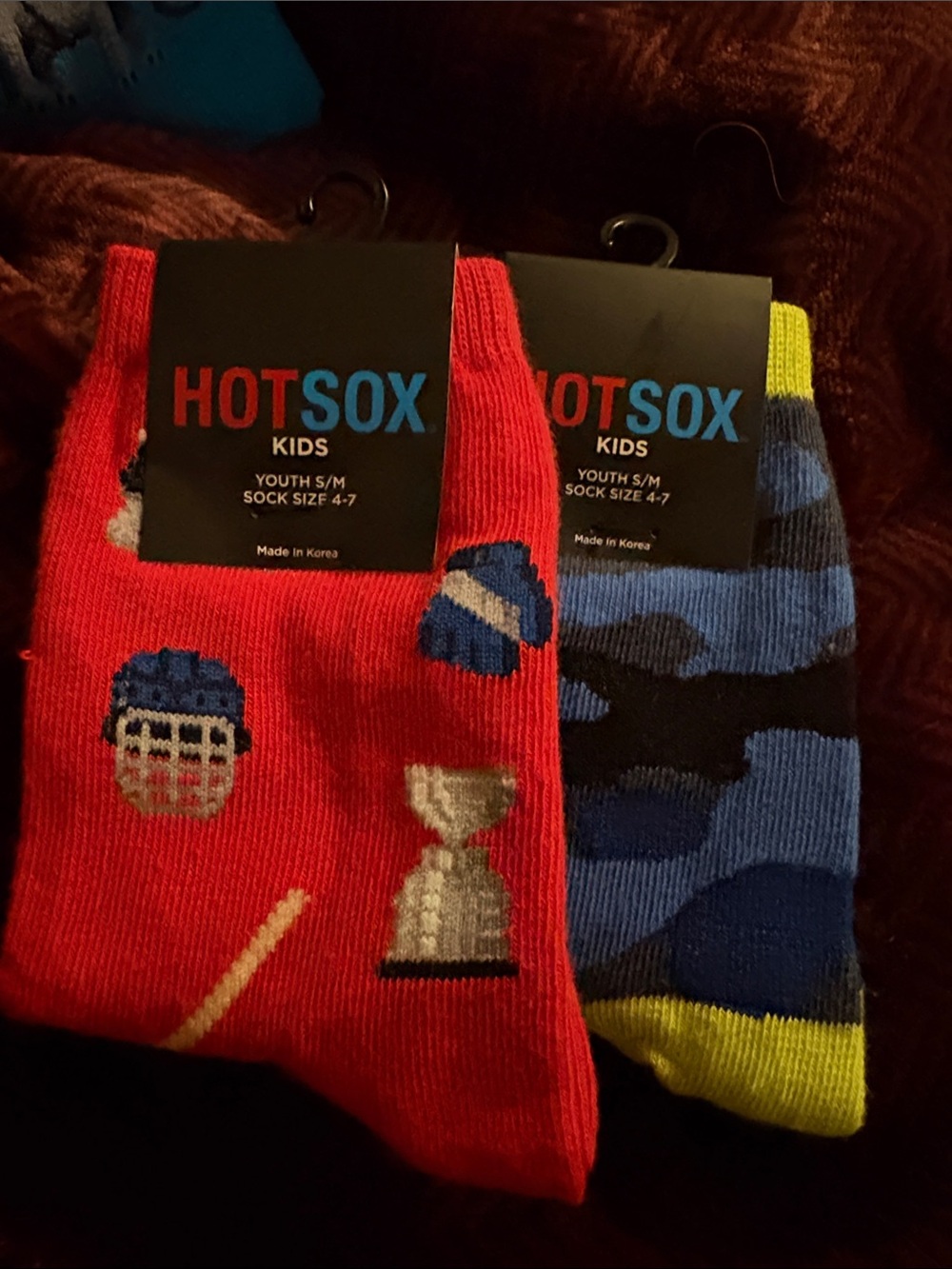 Hot Sox Kids Red Hockey & Blue Camo Crew Socks - 2 Pack